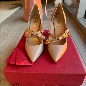 Valentino Rockstud Ankle Wrap Cream Studded Heels with Pointed Toe